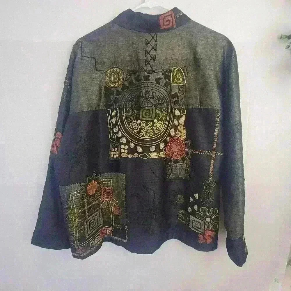 Vtg Chicos 3 Black Brown Silk Embroidered Asian Symbols Button Jacket Size XL - Picture 3 of 10